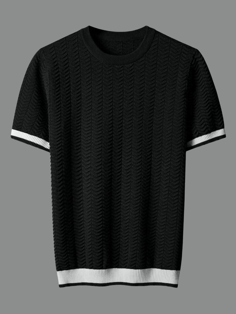 Italian Color-Block Men's Knit: Breathable Jacquard Texture, Loose Fit, Contrast Color, Round Neck, Short Sleeve.
