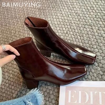 High Heels Stiefeletten Frauen Square Toe Chunky Leder Schuhe Frau Trend Winter Chelsea Stiefel Goth Gladiator Botas De Mujer