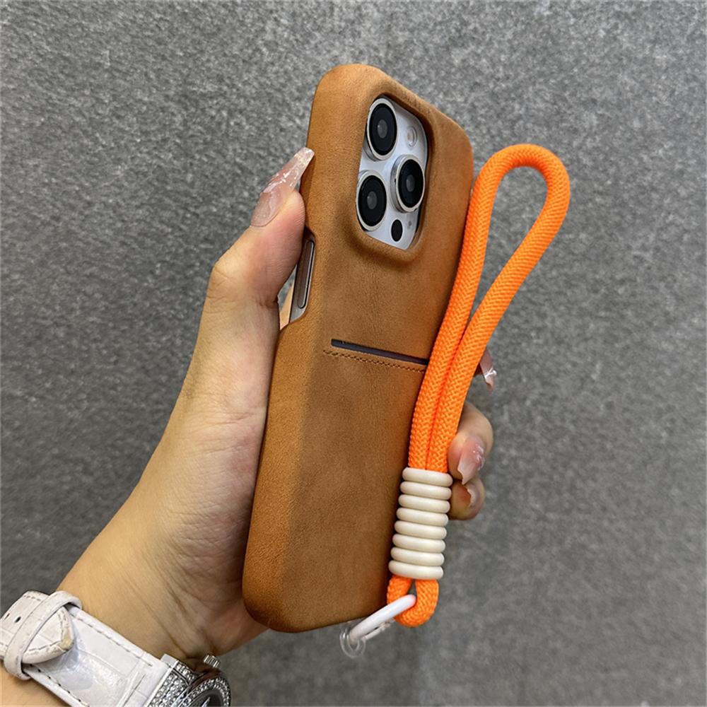 Luxury Suede Wallet Wrist Strap Rope Lanyard Card Holder Phone Case For iPhone 16 12 13 14 15 Pro Max Plus Cowhide Leather Cover