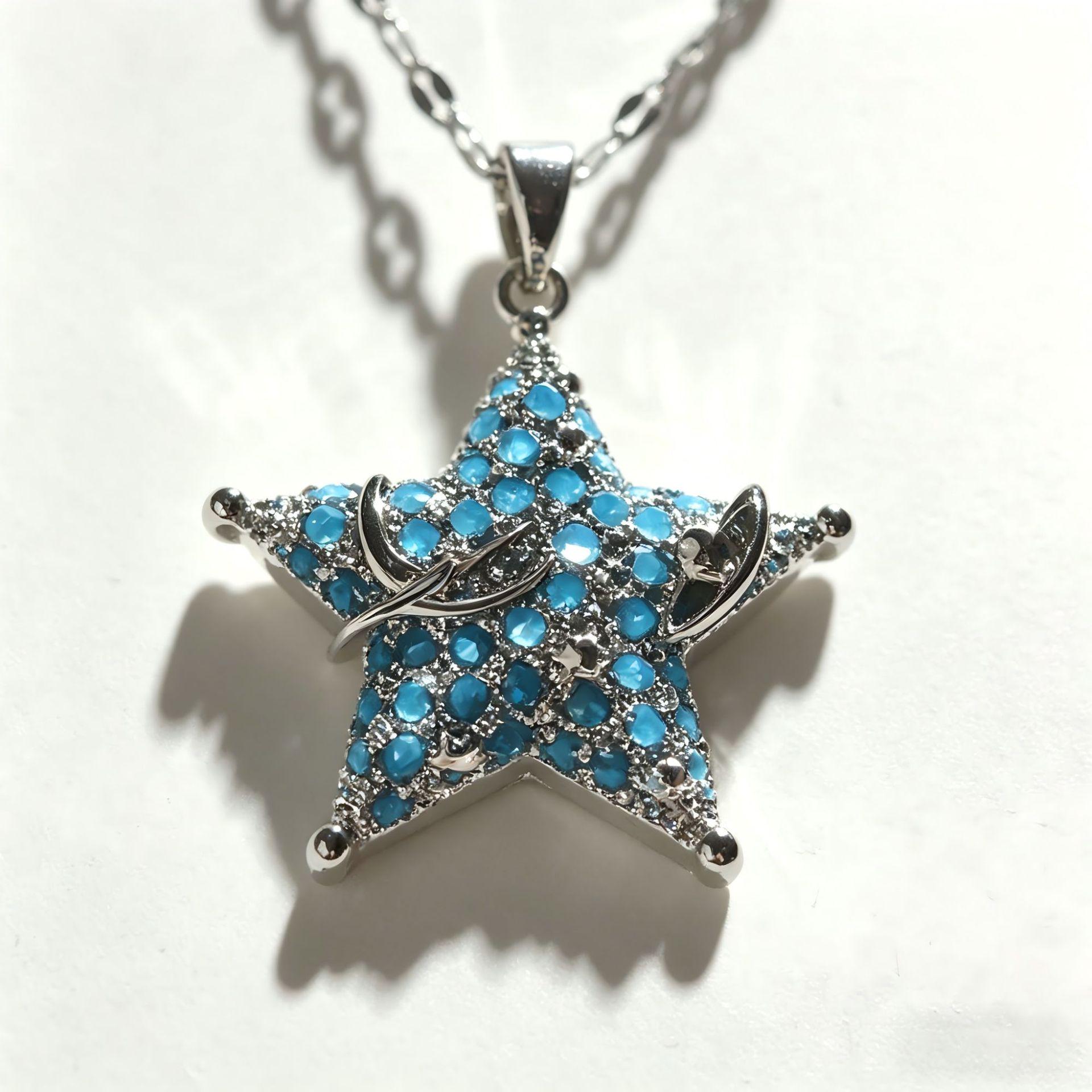 Korean Style Blue Star Pendant Necklace with Colorful Zirconia