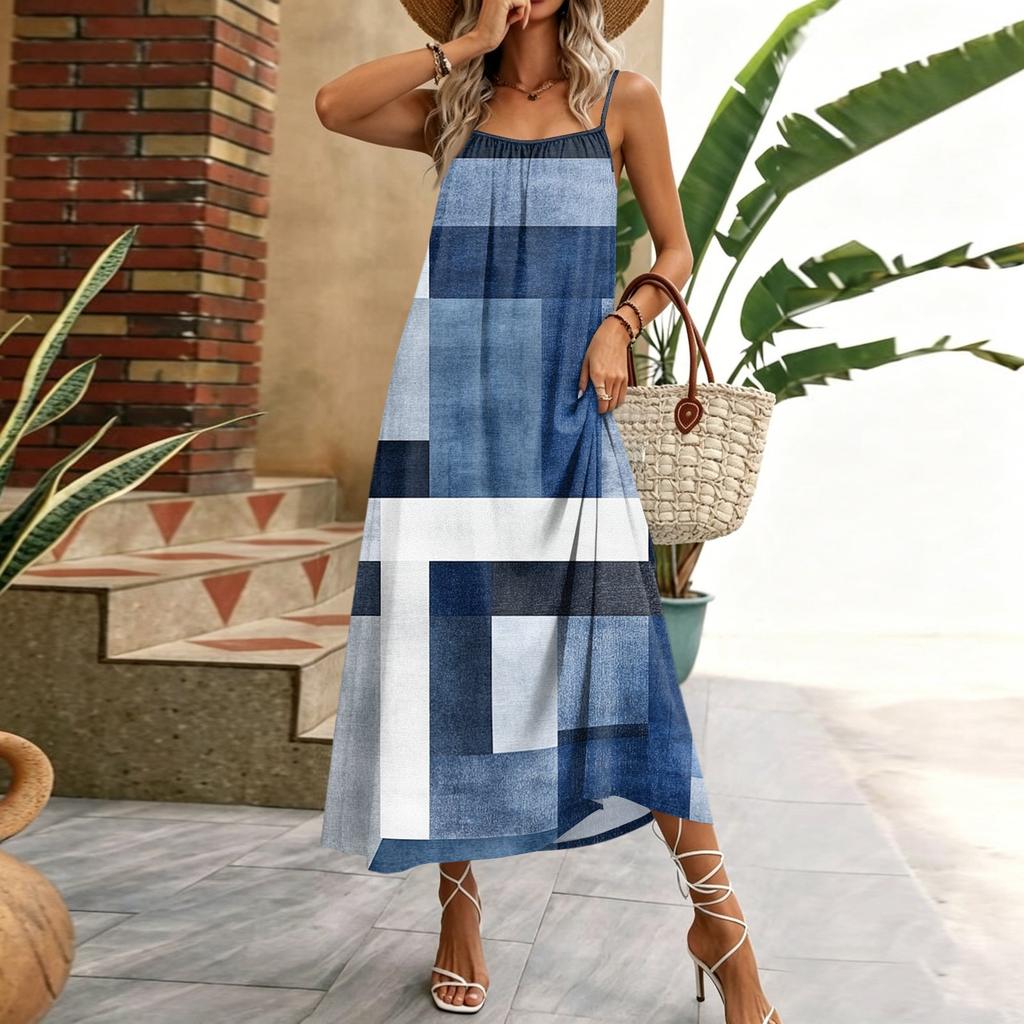 Women Sleeveless Maxi Dress Geometric Print Spaghetti Strap Long Dress Casual Home Vacation Wear Lightweight Comfortable Fabric