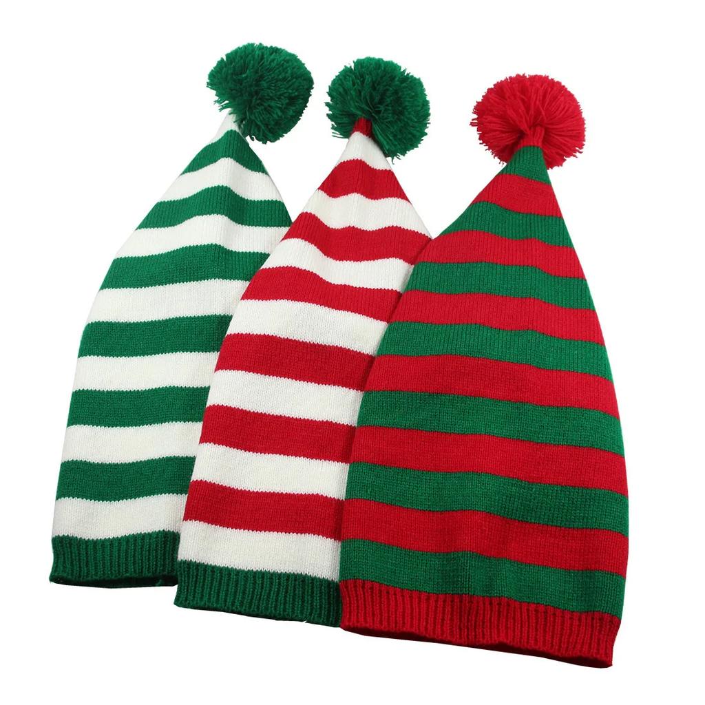 Christmas Unisex Knit Stocking Cap Euro Style Long Tail Pom Pom Elf Hat Festive Winter Accessory Gift