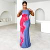 Spring and Summer New Women's Clothing Slim-fitting Suspender Contrasting Color Flower Print Dress Long Dress Women