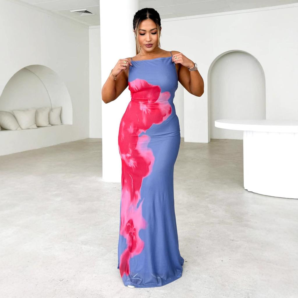 Spring and Summer New Women's Clothing Slim-fitting Suspender Contrasting Color Flower Print Dress Long Dress Women
