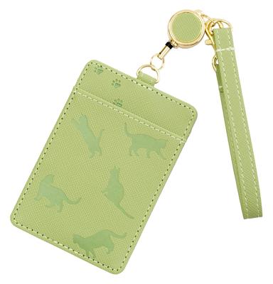 Mukojima Jidosha-Hyodo-Yohashi "I Love Cats" Pass Case, Green Tea Design, with Reel, Double-Sided, IC Card Case, Employee ID Card Case with Strap,