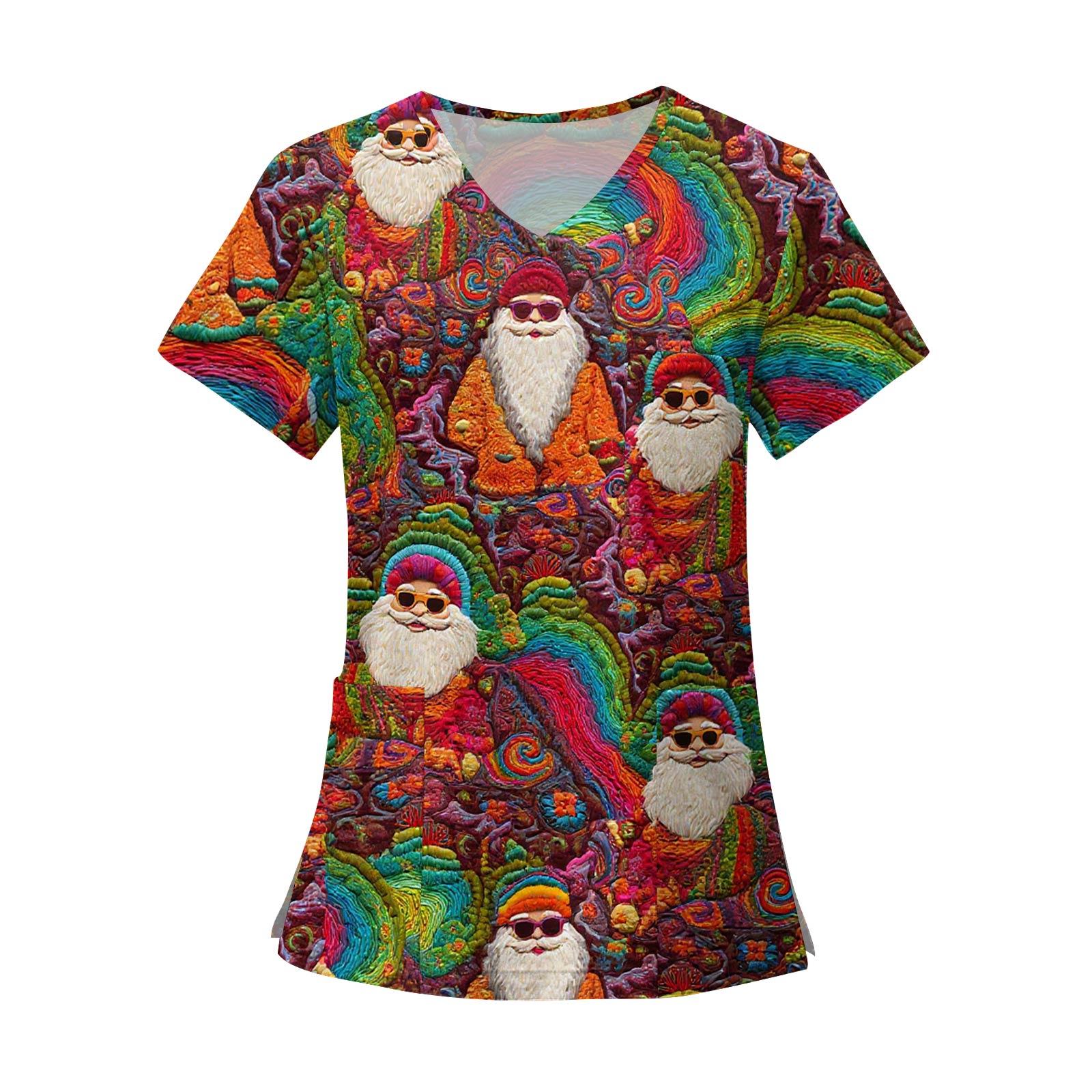 

Женские модные топы с короткими рукавами и V-образным вырезом с принтом, рабочие футболки с карманами M