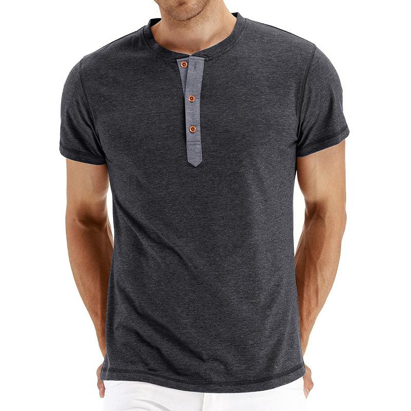 

Men s Solid Color Henley T-Shirt - European & American Style, Short Sleeve Round Neck US S темно-серого