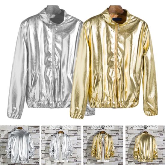 Men Jacket Zipper Closure Sparkling Long Sleeve Breathable Windproof Keep Warm Cotton Blend Autumn Shining Men Zip-up Jacket Streetwear for Daily Wear