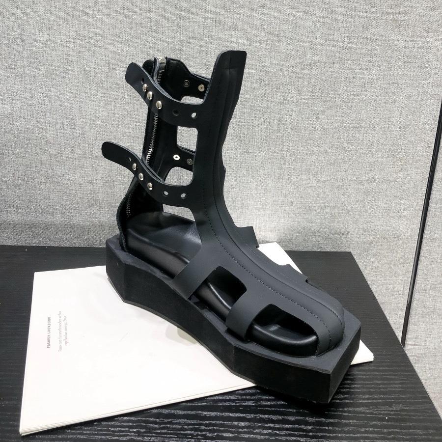 Summer new ins trendy medium tube net boots women's leather hollowed out thick-soled open-toed cool boots flat-bottomed bag head Roman sandals