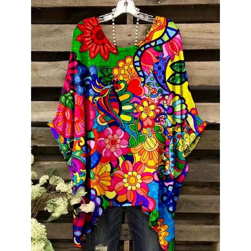 Bohemian Chic Women's T-Shirt Vintage Floral Graphic O-Neck Pullover Short Sleeve Tees Oversized Irregular Hemline  Clothes