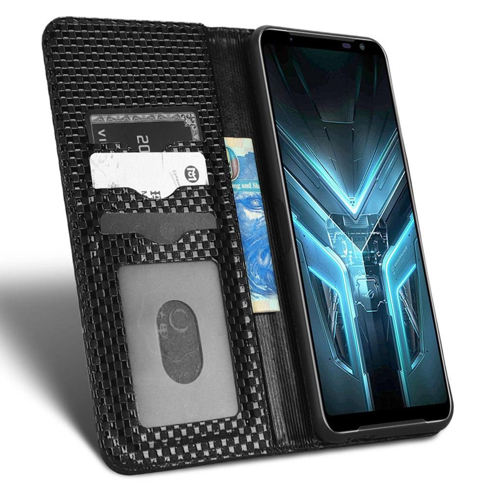 

For Asus ROG Phone 3 Strix/ROG Phone 3 ZS661KS Grid Texture PU Leather Magnetic Auto-absorbed Phone Case with Wallet Stand Black