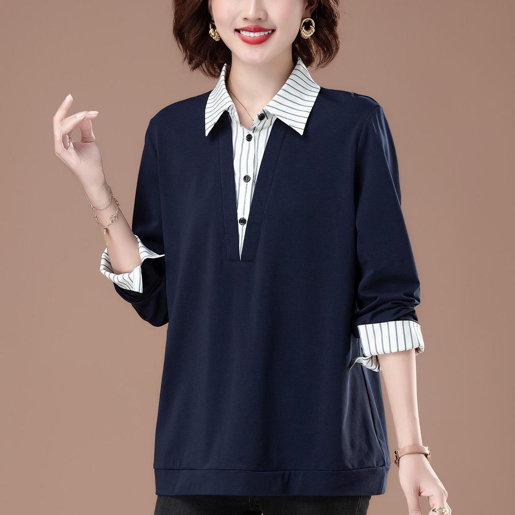 Plus Size Pure Cotton Polo Shirt - Early Autumn Long-Sleeve with Turn-Down Collar for Middle-Aged Women