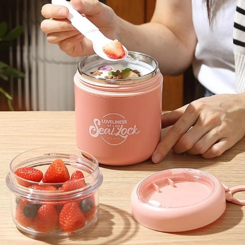 Double Layer Salad Cup Oatmeal Soup Cups with Spoon Stainless Steel Porridge Bowl Portable Office Worker Students Lunch Box