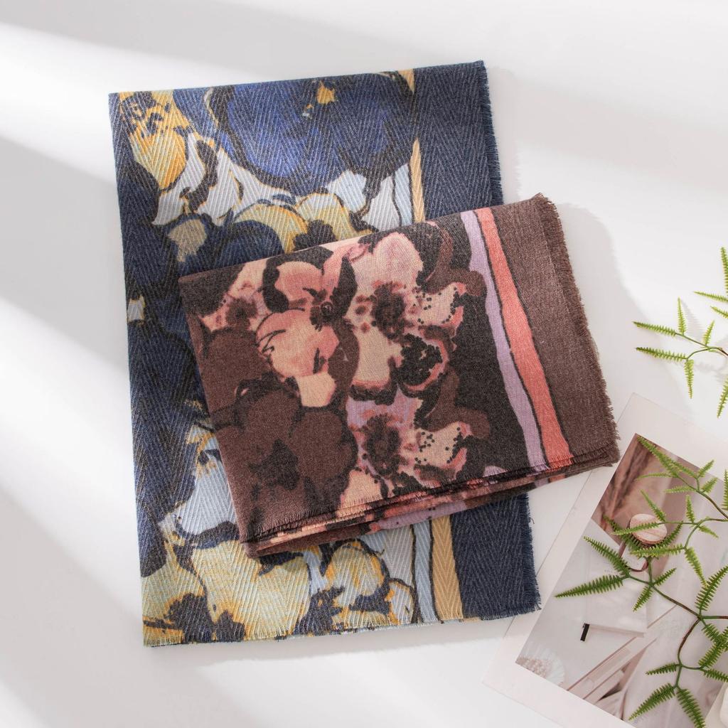 Ethnic Style Big Flower Fresh and Sweet Scarf Herringbone Pattern Thick Soft Feel Shawl Print Spring and Autumn Style Scarf