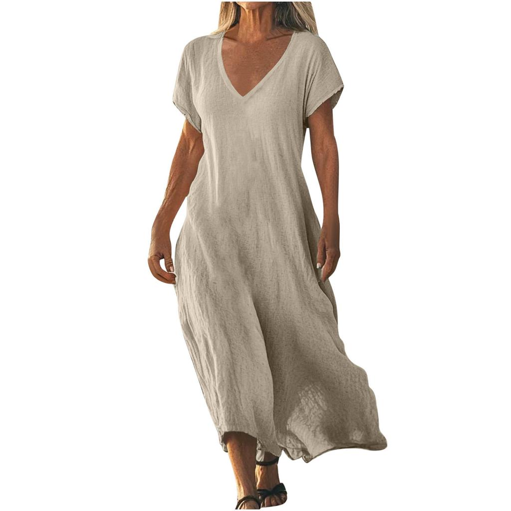 QICED Fashion Summer Spring Solid Color Print Short Sleeve V-Neck Casual Dresses