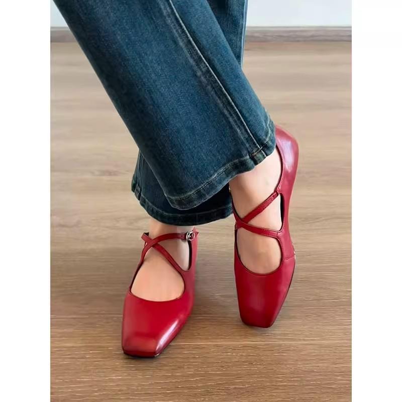 Sheepskin Version In Stock~ Retro Red Fashion Cross-buckle Ballet Shoes Comfortable Temperament Versatile Commuter Single Shoes Women