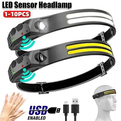 1-10PCS USB Rechargeable LED Sensor Headlamp XPE+COB Headlight Head Torch Work Light Waterproof Headlamp for Fishing Camping Lantern White Light