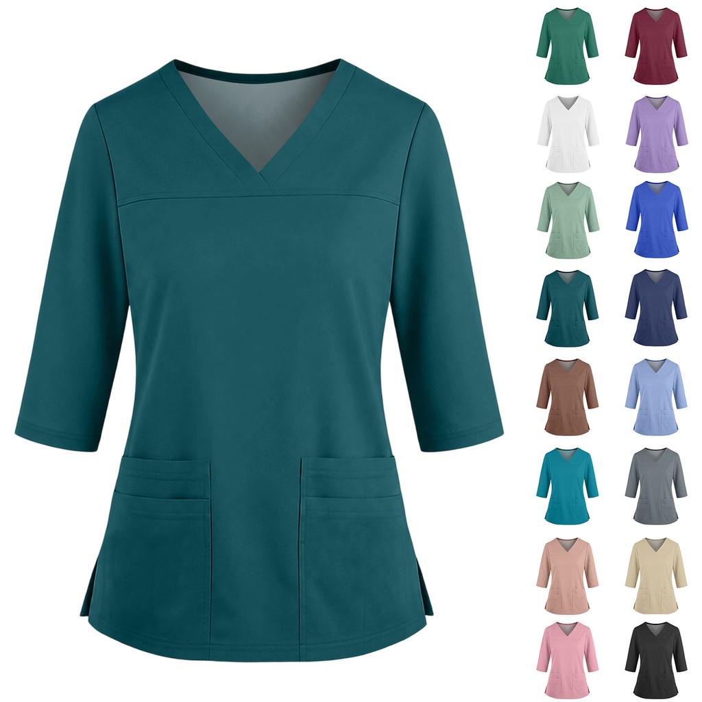 Women's V-Neck Scrub Top with Pockets, Three-Quarter Sleeve, Side Slits - Uniform Top