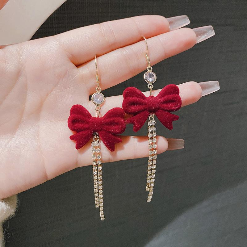Vintage Autumn and Winter Red Flocking Bow Fringed Earrings Ins New Red Dragon Atmosphere Stud Earrings