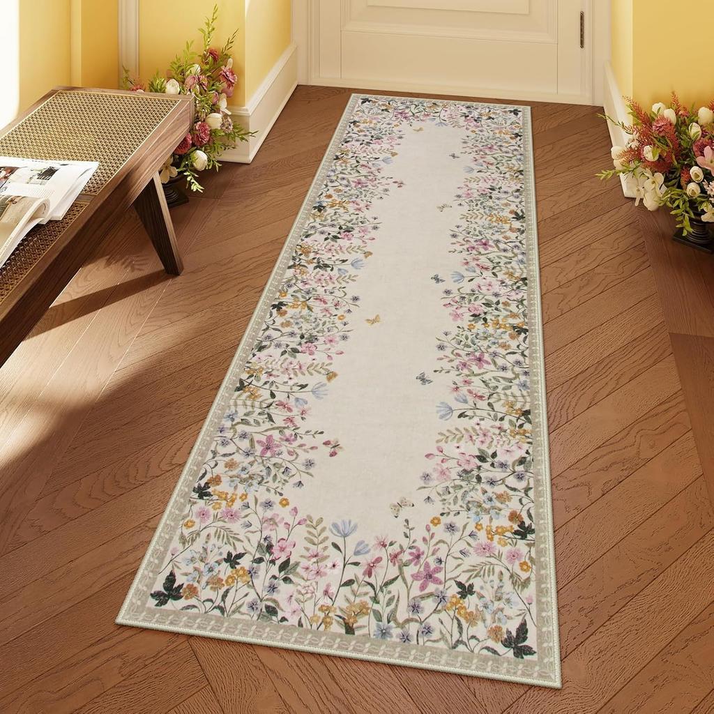 Black Floral Butterfly Area Rug with Pink Yellow Red Flowers Non-Slip Rectangular Carpet for Living Room Decor Soft Floor Mat