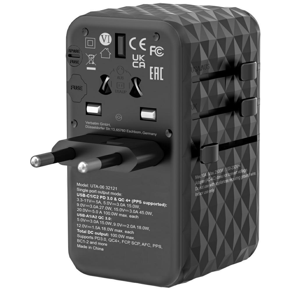 Verbatim Adapter Podróżny Eu/Uk/Us Gan2Xusb-A/2Xusb-C Pd 100W Uta-06 Czarny/Black 32121