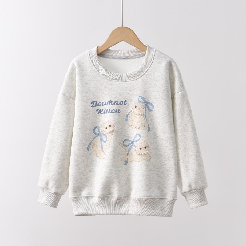 Girls Winter Cat Plush Hoodie – Soft, Cute, Fleece-Lined, Long Sleeve with Lively Illustration 120