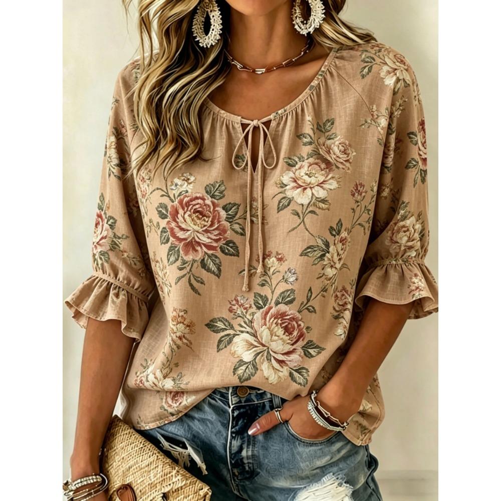 Women's Khaki Vintage Floral Print Tie Neck Blouse, Casual Loose Tops for Spring Summer Daily Wear & Vacation Occasions