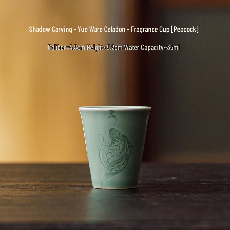 Guanlan Yue Celadon Shadow Carved Zodiac Tea Cup - High-Grade Ceramic Masterpiece for Aroma and Tea Tasting
