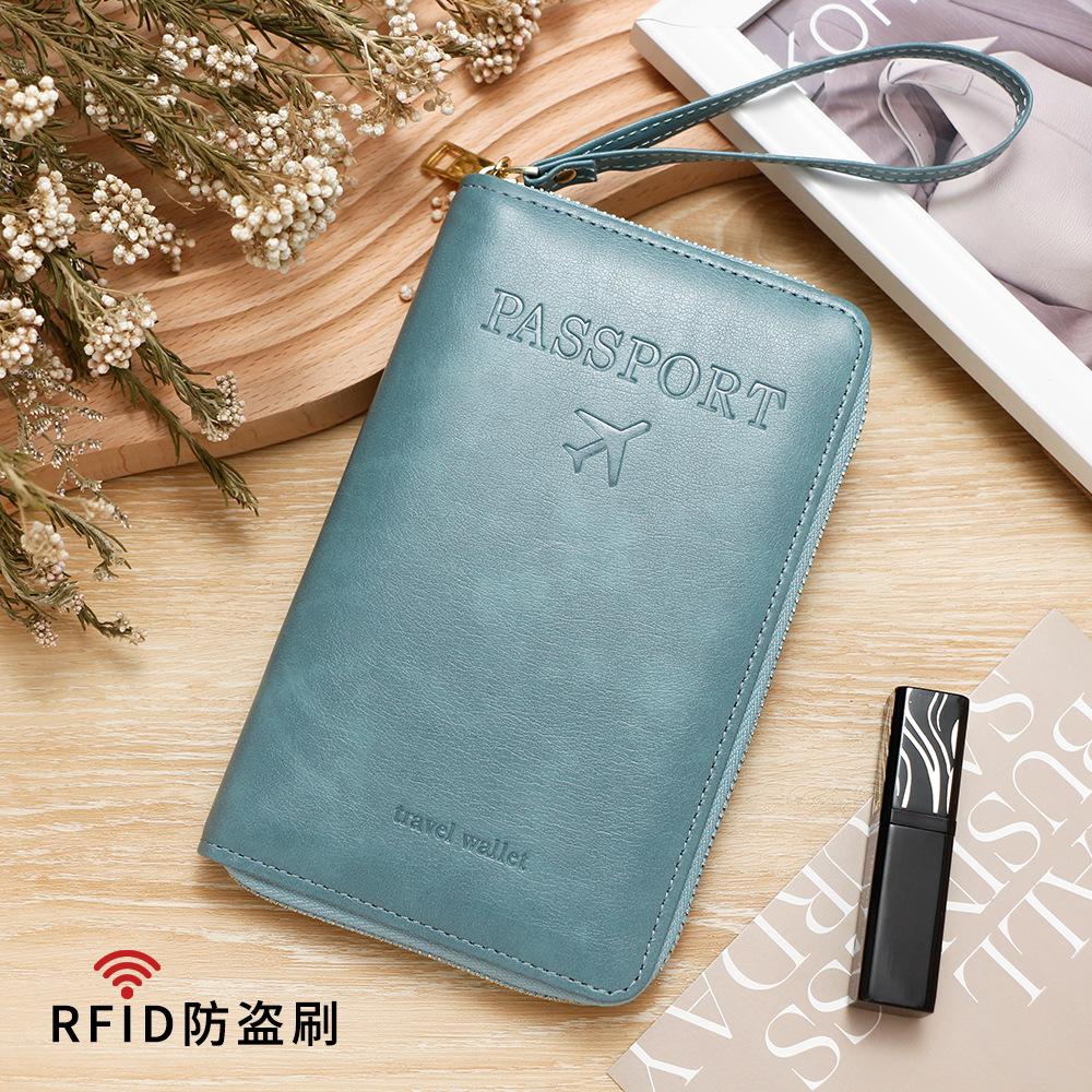 Men Women RFID Blocking Leather Passport Holder Travel Wallet Zip Around Passport Cover Document Organizer with Card Slots Wrist Strap