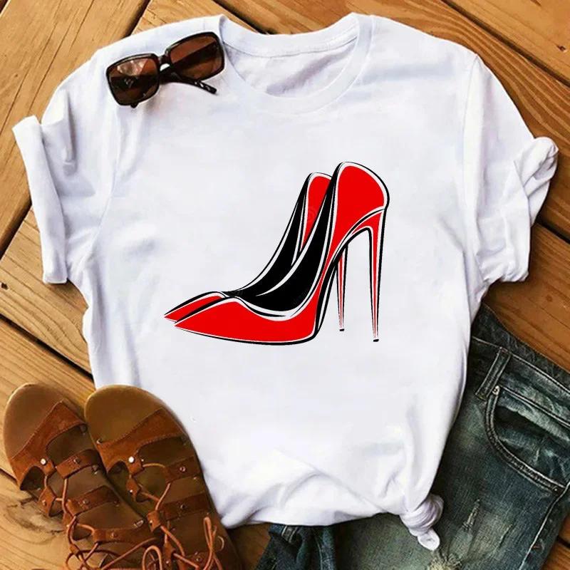 Women's Summer Short Sleeve T-shirt Casual Tops T Shirt Harajuku New Fashion High Heels Personalized Printed