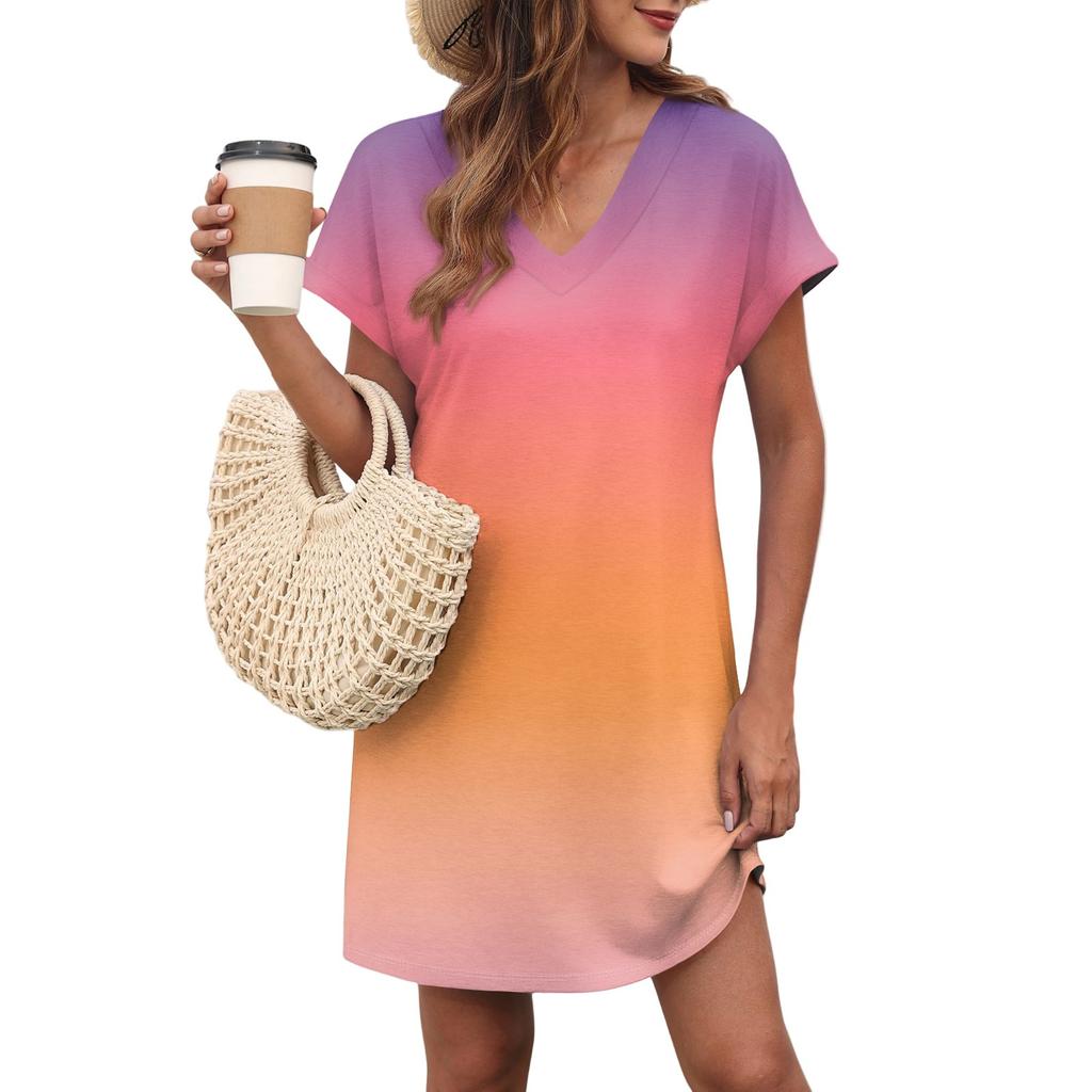 Women's Casual Fashion Sexy V-Neck Cap Sleeves Pocket Gradient Dress