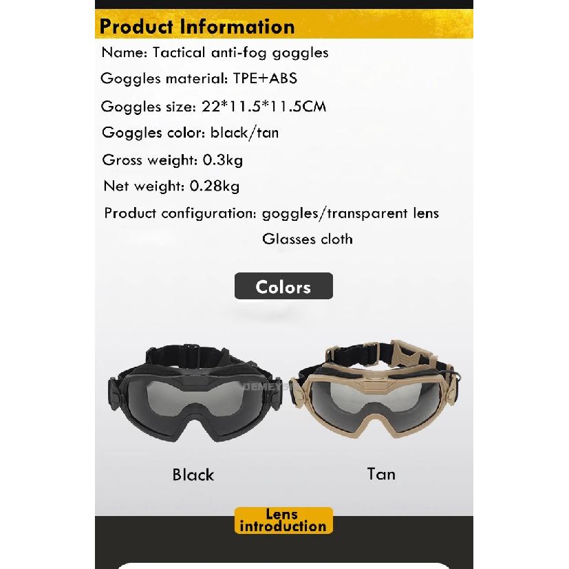 Tactical Goggles with Micro Fan Ourdoor Sport Airsoft Cs Wargame Shooting Glasses for Paintball Eyewear Hiking Sunglasses