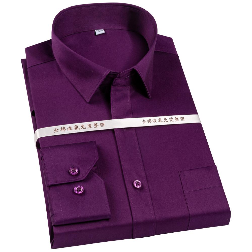 Men's Spread Collar with Hidden Button Mercerized Cotton Non-Iron Dress Shirt with Chest Pocket Long Sleeve Solid Business Office Wear