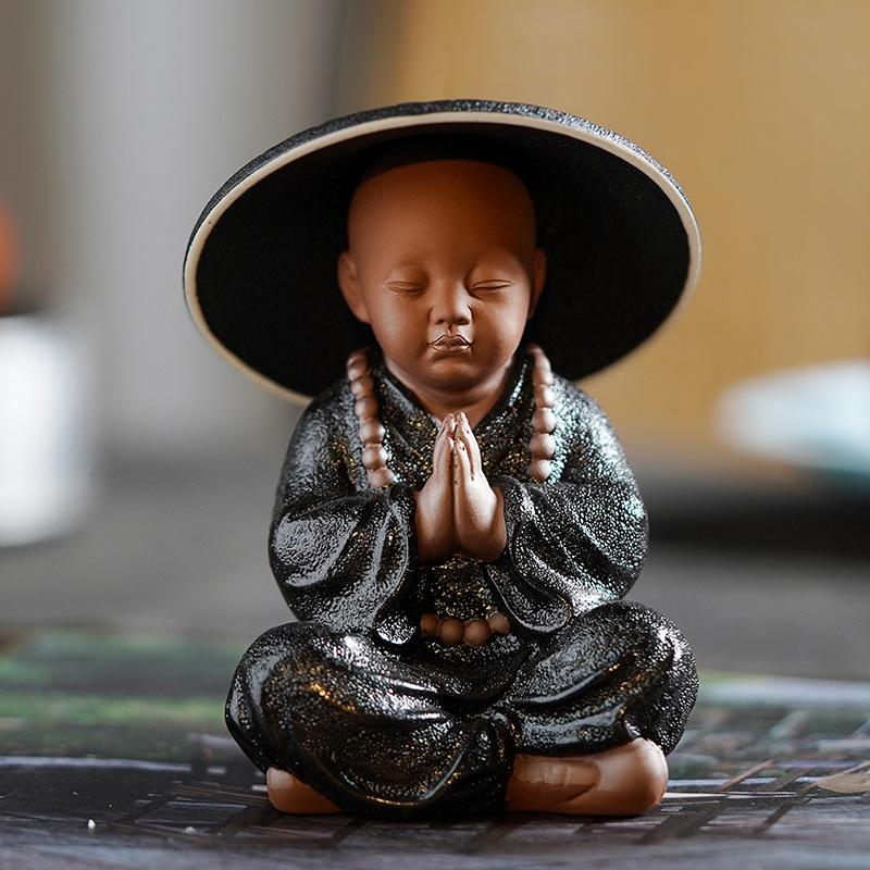 Black Pottery Buddhist Monks Miniature Figurines Buddha Statue Sculpture Tea Filter Funel Set Ornaments Home Docor Decoration