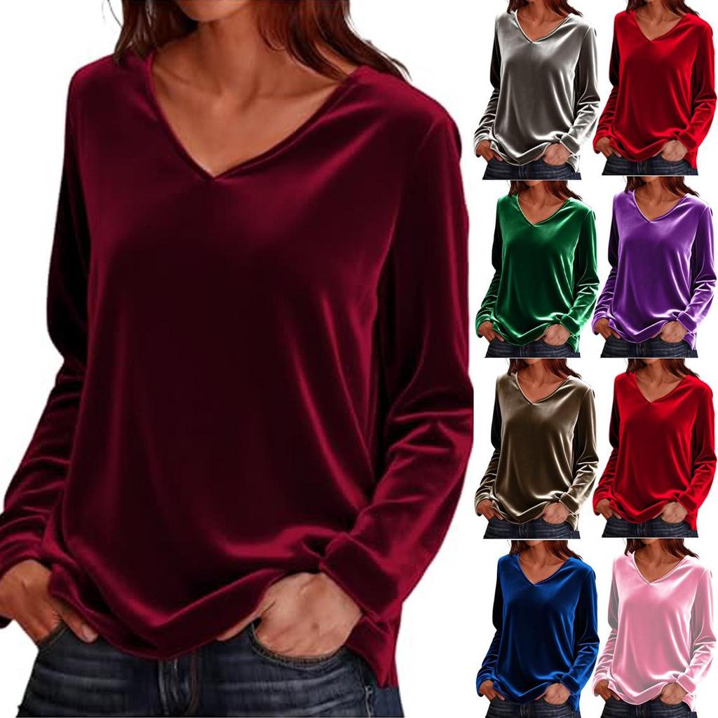 2026 Europe & America Spring/Autumn Women's V-Neck Long Sleeve Loose Solid T-Shirt