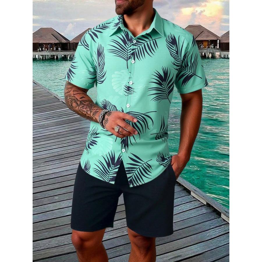 Men's Summer Tropical Flower Hawaiian Shirt, Palm Leaf Print Short-Sleeve Shirt and Shorts Set