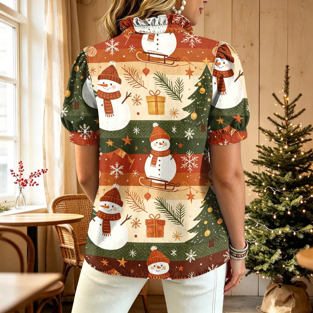 Women's Casual V-Neck Ruffle Short Sleeve Button-Front Top with Christmas Print