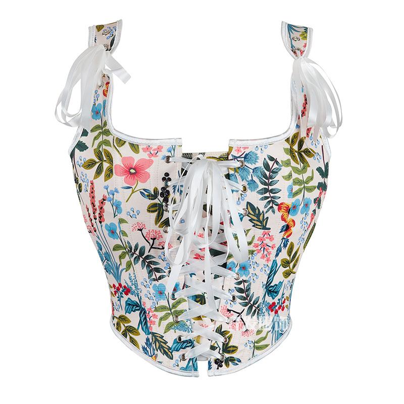 Leaf Print Vintage Bra French Retro Breast-wrapped Palace Corset with Front Strap U-neck Outer Vest for Women