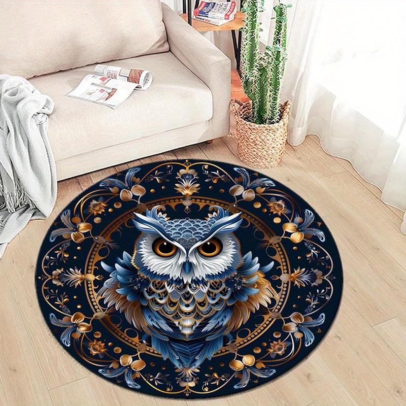 Owl and Floral Pattern Round Carpet Chair Mat - Non-Slip, Polyester, Crystal Velvet Texture, Home Decor Rug for Bedroom, Living Room