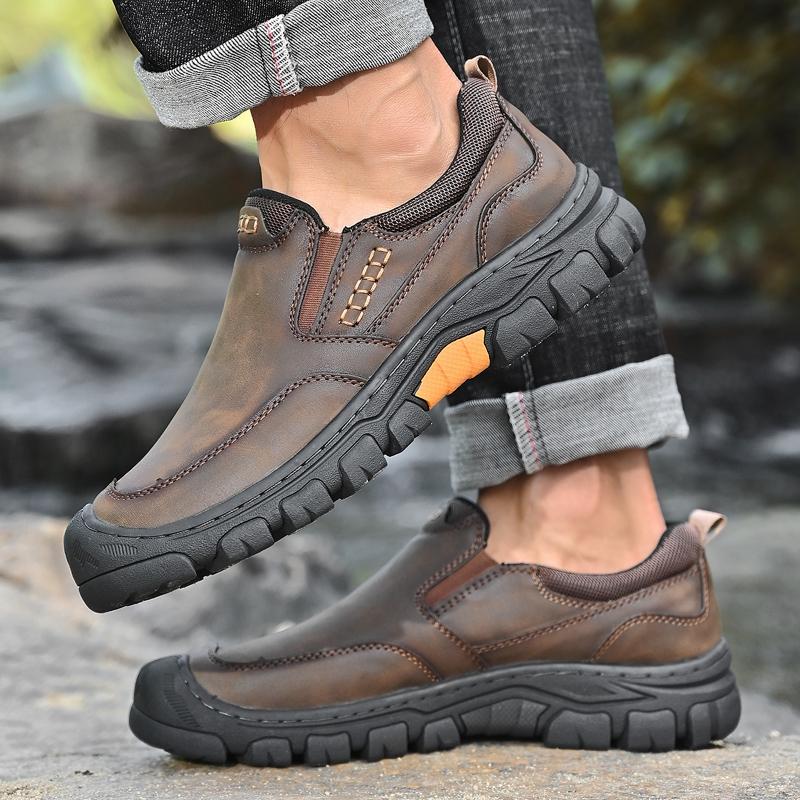 Hand Stitched Male Hiking Footwear Leisure Outdoor Walking Shoes New Antiskid Travel Trainers Genuine Leather Mens Slip On Shoes