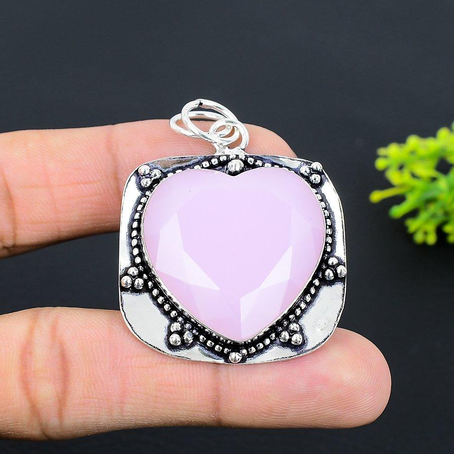 Natural Pink Chalcedony Gemstone 925 Sterling Silver Gift Pendant 2.09" D9P78