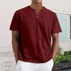 Men's Casual V-Neck Short-Sleeve Shirt - Cotton Solid Color, Breathable Button-Up Top
