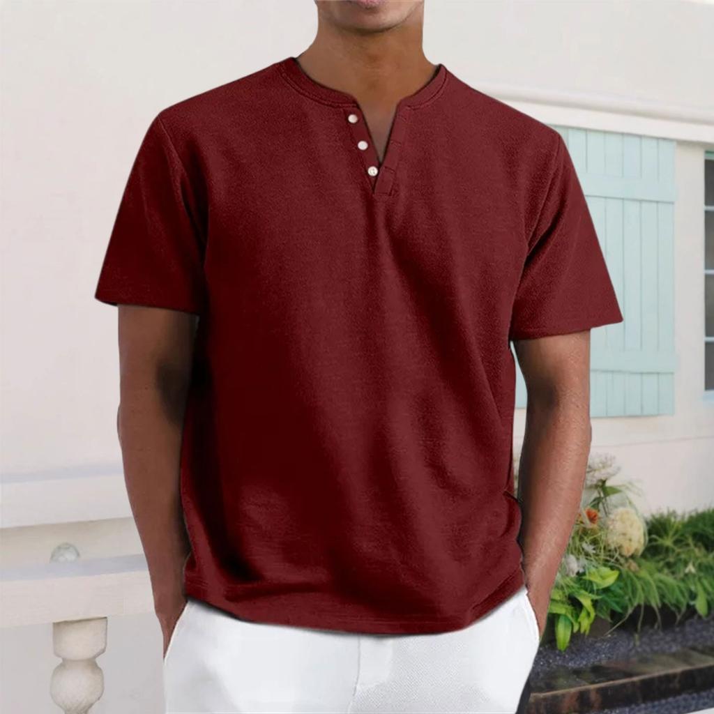 Men's Casual V-Neck Short-Sleeve Shirt - Cotton Solid Color, Breathable Button-Up Top