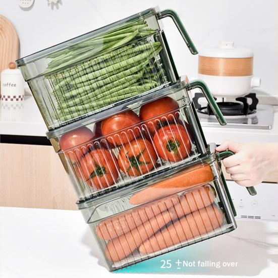 Contenitore Croccante con Coperchio e Manico Scatola di Stoccaggio Impilabile Organizzatore Stratificato Drenante per Frigorifero Frutta Verdura