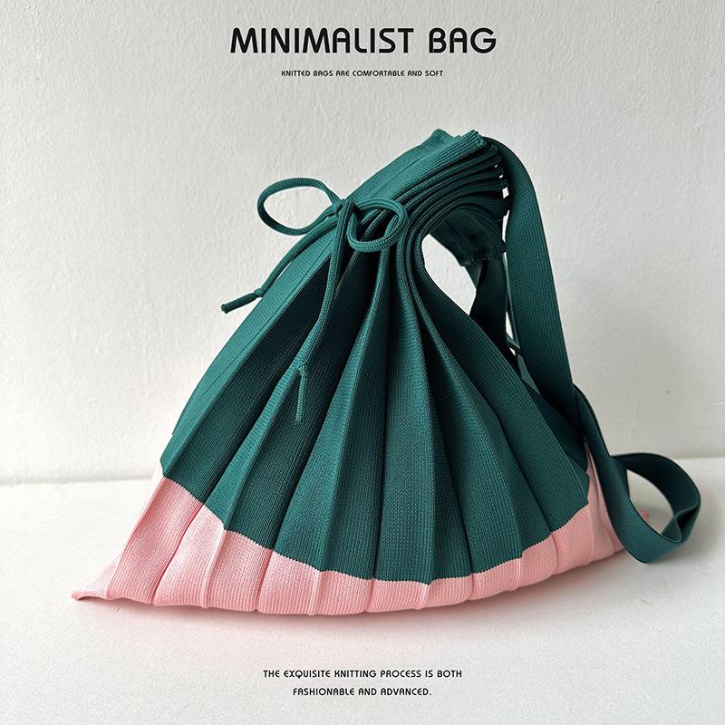 New Knitted Pleats Tote Bag Designer Chic Stitching Contrast Korean Retro Fashion Women Shoulder Shopper Handbag Foldable