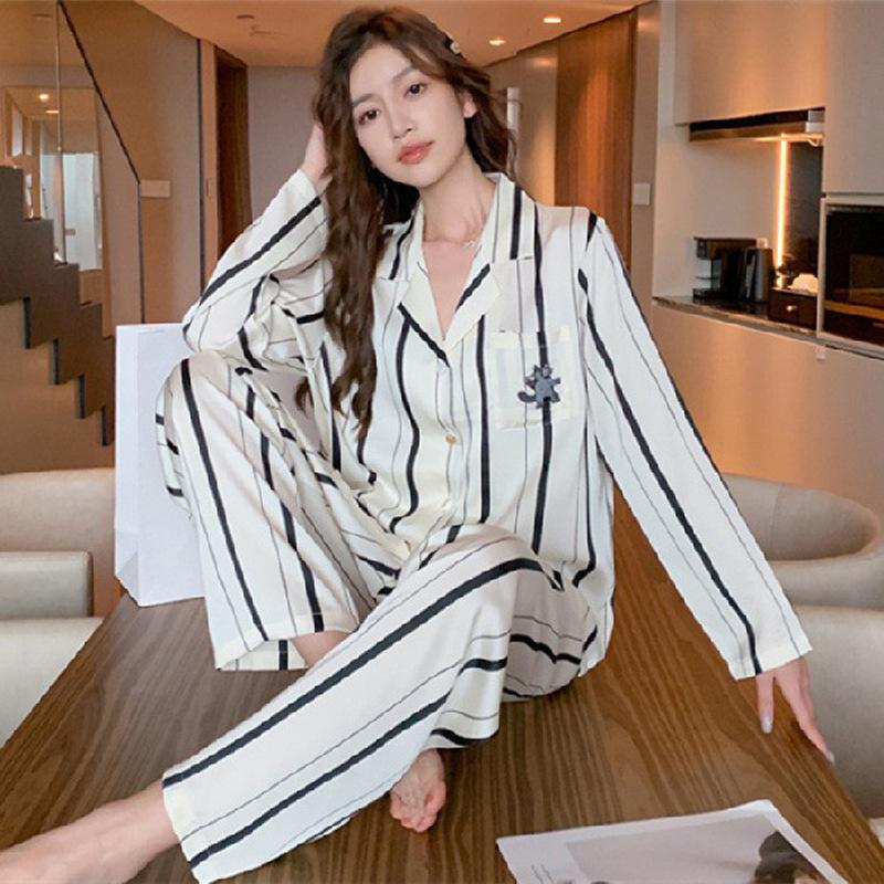 Women's Lingerie Pajamas Set Two-piece Silk Pajamas Long-sleeved Cardigan Trousers Printed Home Clothes Warm Season and Autumn Pajamas