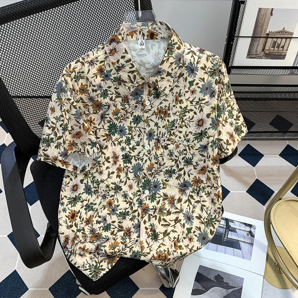 Cuban Collar Thai Beach Floral Shirt Short Sleeve Summer Ice Silk Southeast Asian Clothing Island Vacation Men's Beach Outfit