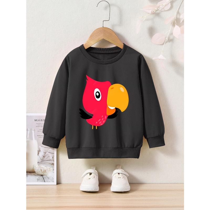 Kids Cartoon Bird Print Crew Neck Sweatshirt - Regular Fit, Casual Style, Applique Detail 110
