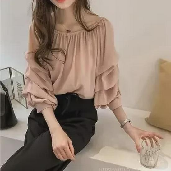 2025 Korean Style Off-Shoulder Chiffon Blouse: Women's Loose Bubble Top, Slimming Solid Color Base Shirt