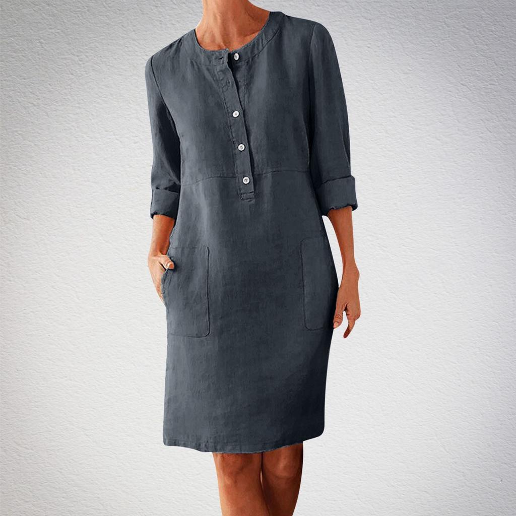 Large Size Women's Cotton and Linen Round Neck Long Sleeved Dress